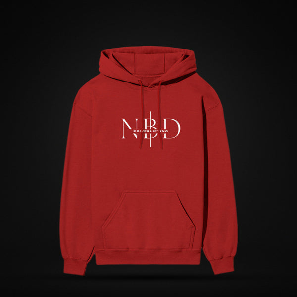 NBD SIGNATURE 300 GSM logo hoodie in Red — front view, NBD Powerlifting monogram on the chest, kangaroo pocket, studio shot