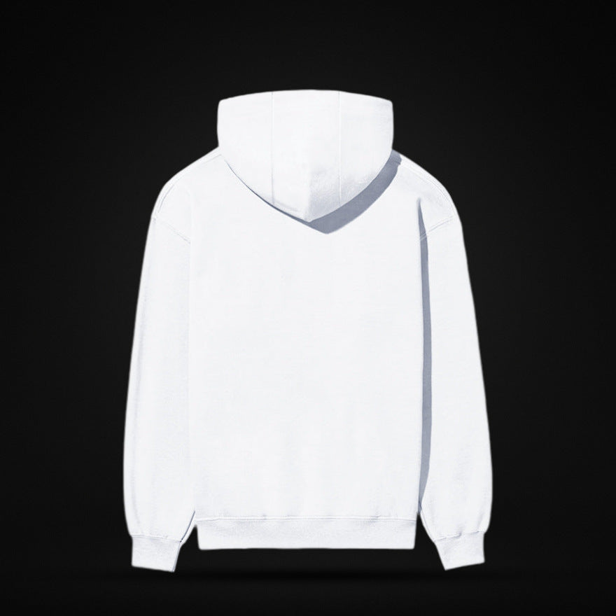 NBD SIGNATURE 300 GSM logo hoodie in White — back view, plain back with ribbed hem and cuffs, studio shot