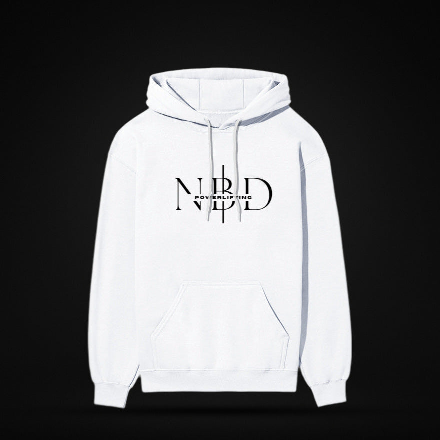 NBD SIGNATURE 300 GSM logo hoodie in White — front view, NBD Powerlifting monogram on the chest, kangaroo pocket, studio shot