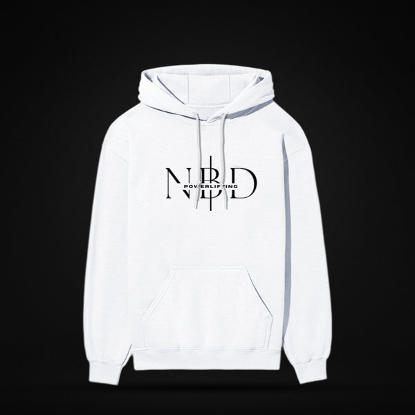 NBD SIGNATURE 300 GSM logo hoodie in White — front view, NBD Powerlifting monogram on the chest, kangaroo pocket, studio shot