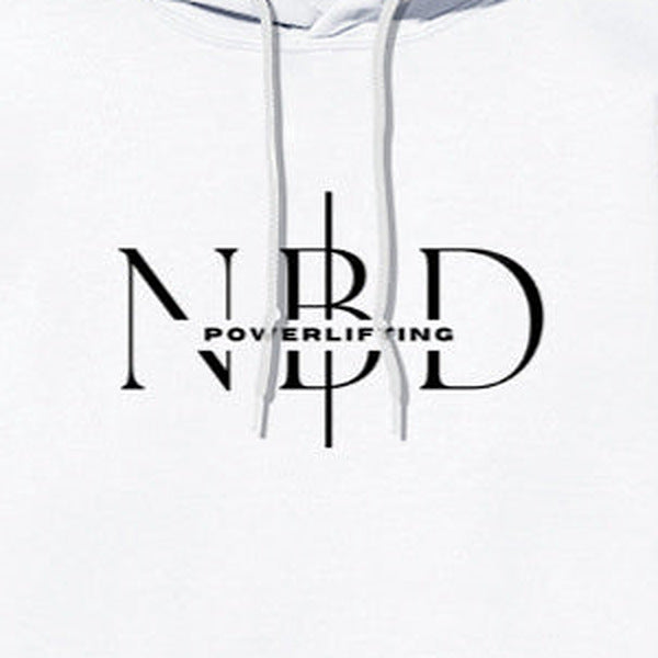 NBD SIGNATURE logo hoodie in White — chest close-up of the NBD Powerlifting monogram print