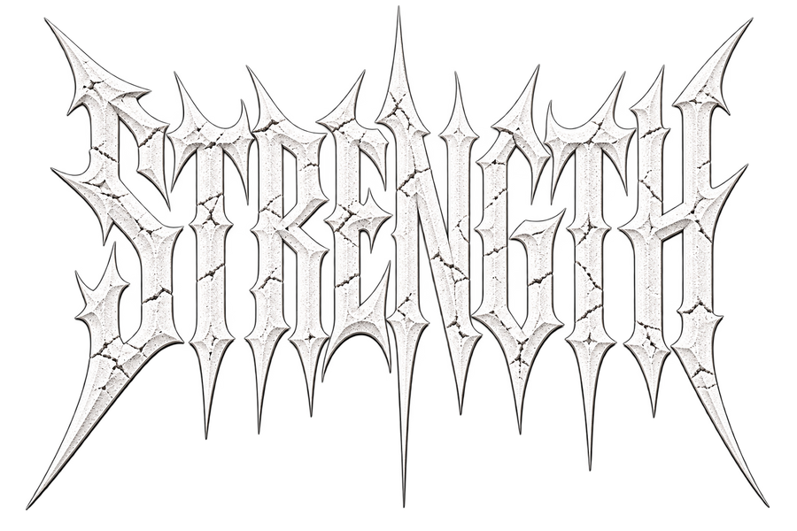STRENGTH artwork — the spiked white lettering printed on the back of the NBD hoodie