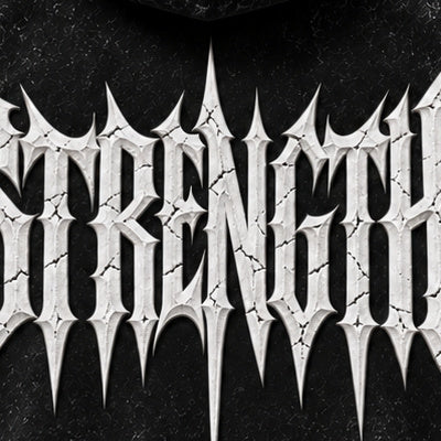 NBD STRENGTH acid wash hoodie in Black — back print detail, spiked lettering with crack lines