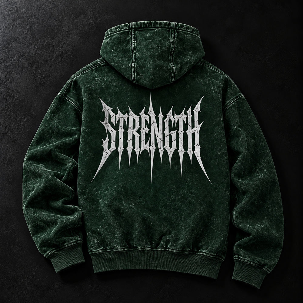 NBD STRENGTH acid wash hoodie in Bottle Green — back view, large white STRENGTH lettering across the back, studio shot