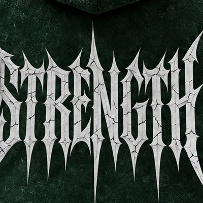 NBD STRENGTH acid wash hoodie in Bottle Green — back print detail, spiked lettering with crack lines