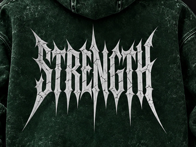 NBD STRENGTH acid wash hoodie in Bottle Green — back print close-up, white STRENGTH lettering