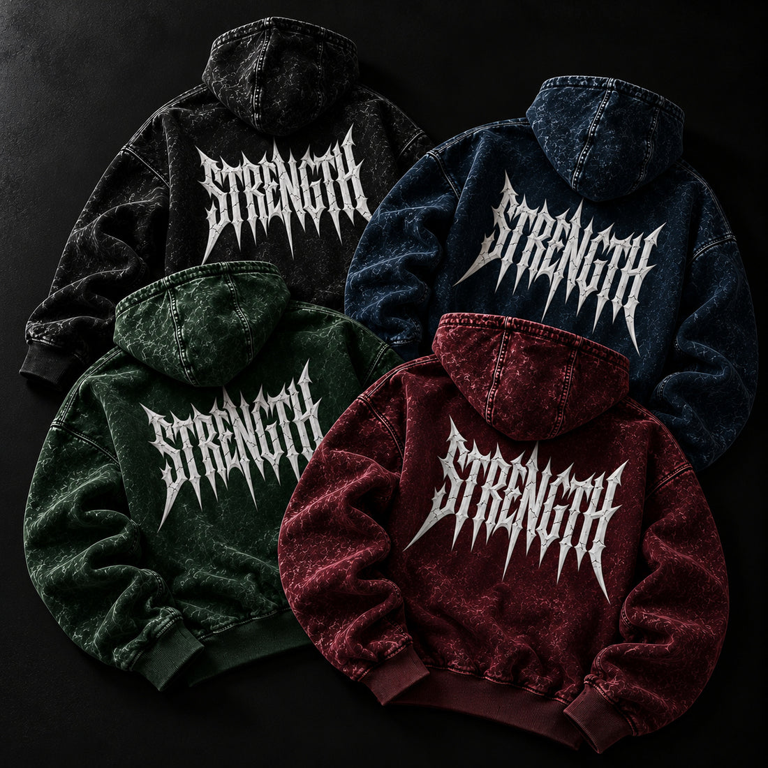 NBD STRENGTH acid wash hoodies in all four colours laid together, back print