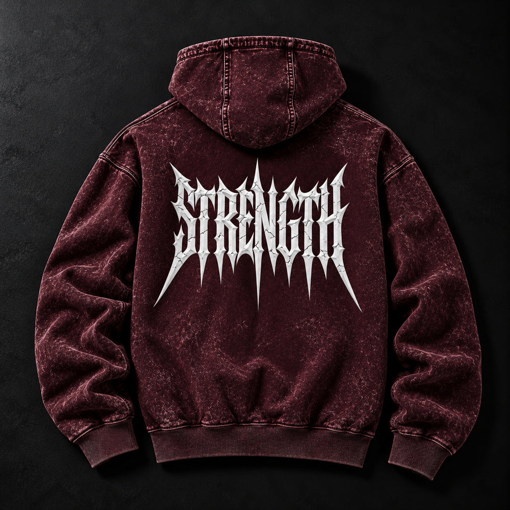NBD STRENGTH acid wash hoodie in Maroon — back view, large white STRENGTH lettering across the back, studio shot