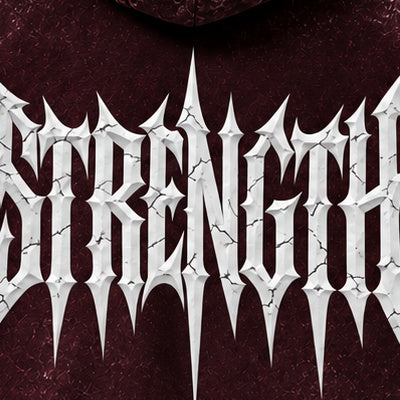 NBD STRENGTH acid wash hoodie in Maroon — back print detail, spiked lettering with crack lines