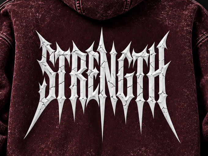 NBD STRENGTH acid wash hoodie in Maroon — back print close-up, white STRENGTH lettering