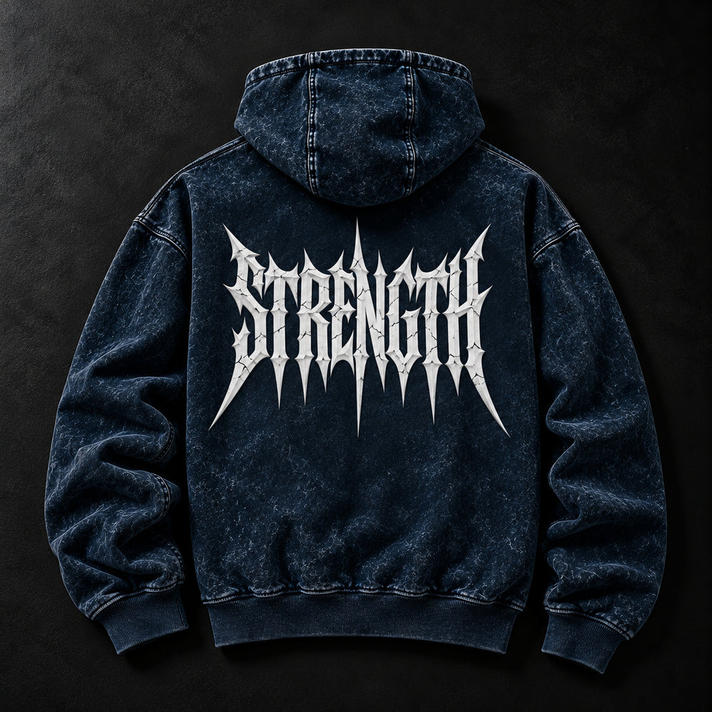 NBD STRENGTH acid wash hoodie in Navy Blue — back view, large white STRENGTH lettering across the back, studio shot