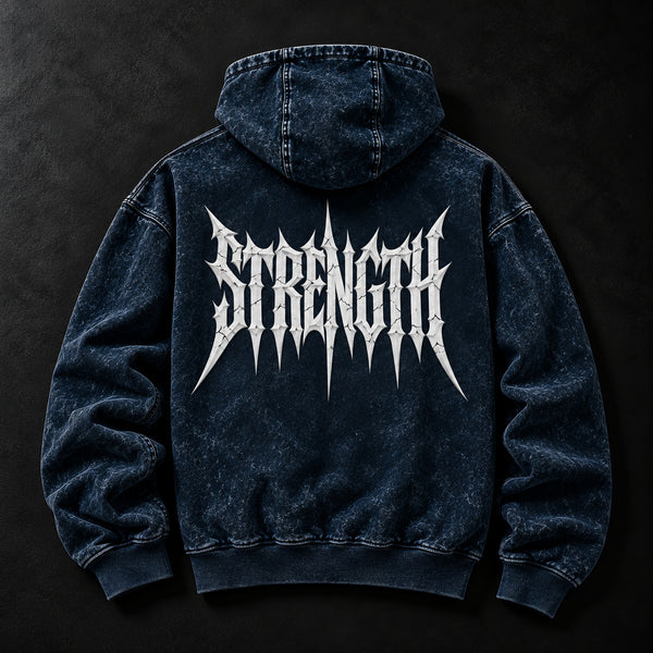 NBD STRENGTH acid wash hoodie in Navy Blue — back view, large white STRENGTH lettering across the back, studio shot
