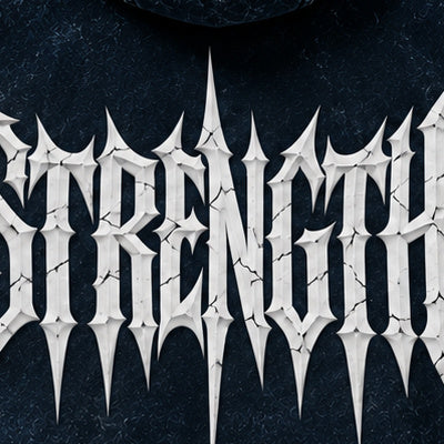 NBD STRENGTH acid wash hoodie in Navy Blue — back print detail, spiked lettering with crack lines