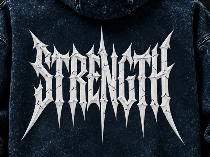NBD STRENGTH acid wash hoodie in Navy Blue — back print close-up, white STRENGTH lettering
