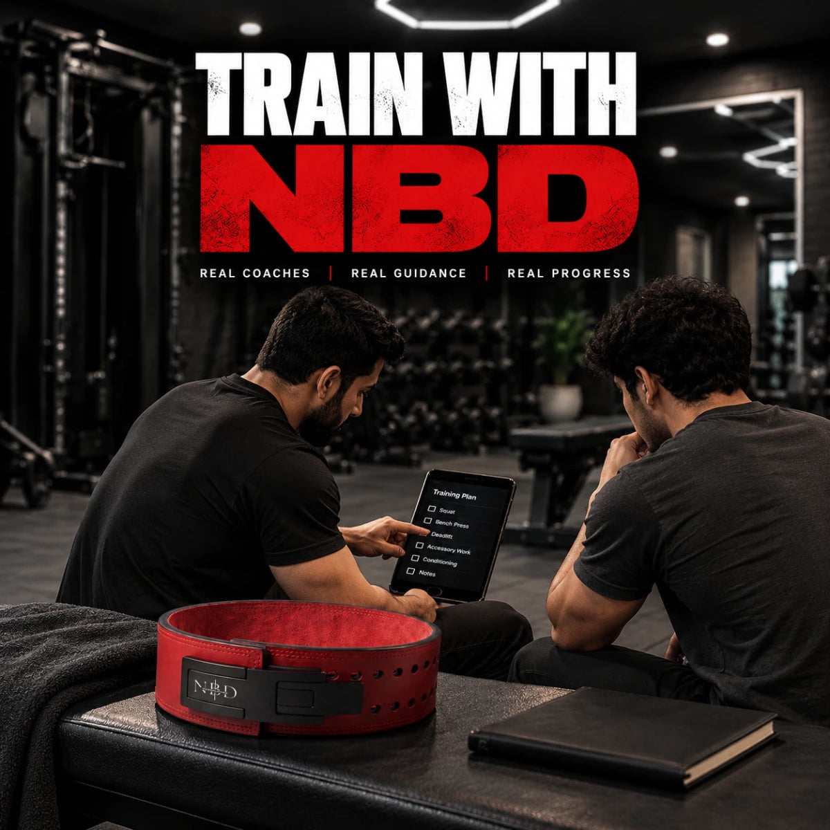 An NBD coach going through a client's training plan on a tablet, beside a red NBD lever belt on a gym bench.
