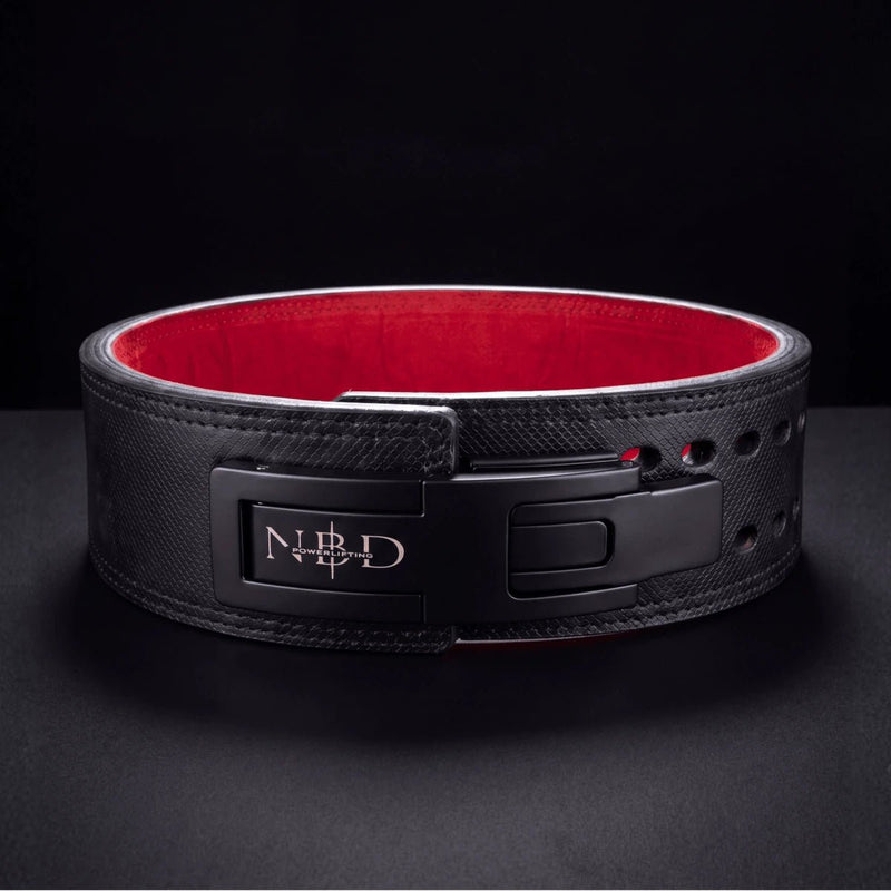 Matte black steel lever buckle with the NBD monogram