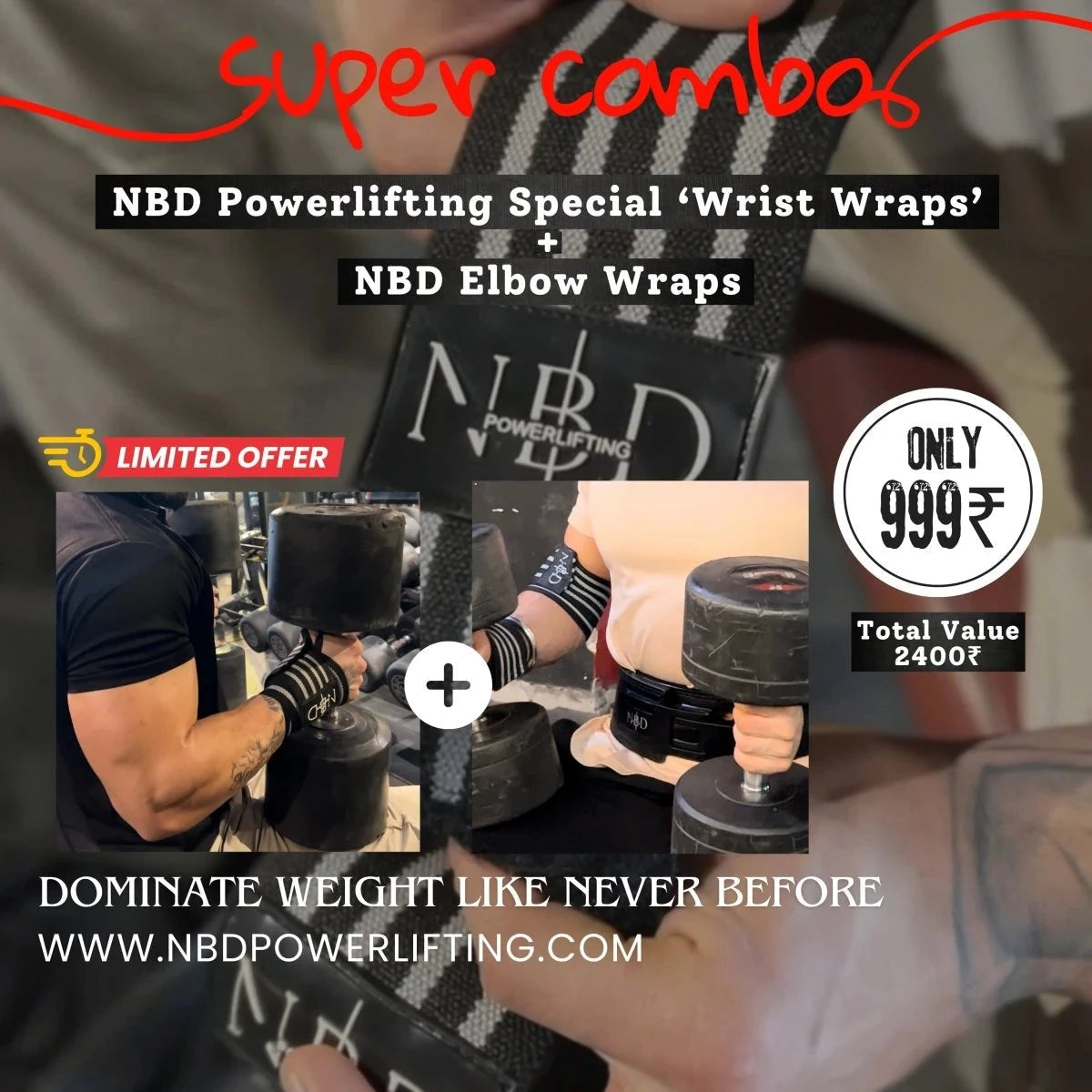 NBD Powerlifting Combo 50% OFF - NBD Elbow Wraps + Powerlifting Special 'Wrist Wraps' - 13mm powerlifting belt for sale
