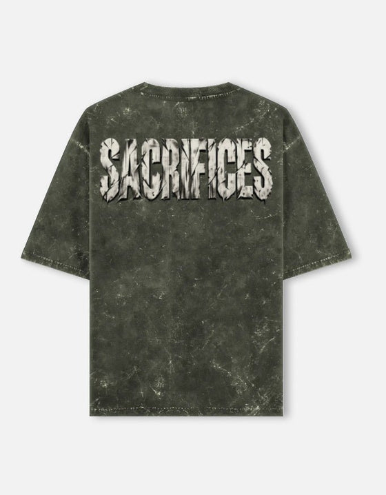 SACRIFICES oversized acid wash tee in Olive Green — full back print, 240 GSM heavyweight cotton