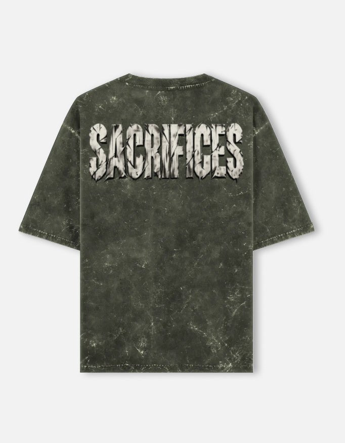 SACRIFICES oversized acid wash tee in Olive Green — full back print, 240 GSM heavyweight cotton