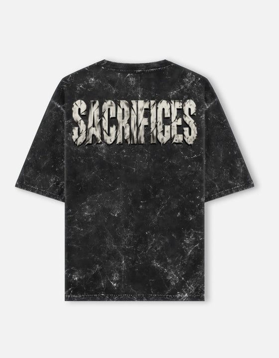 SACRIFICES oversized acid wash tee in Black — full back print, 240 GSM heavyweight cotton