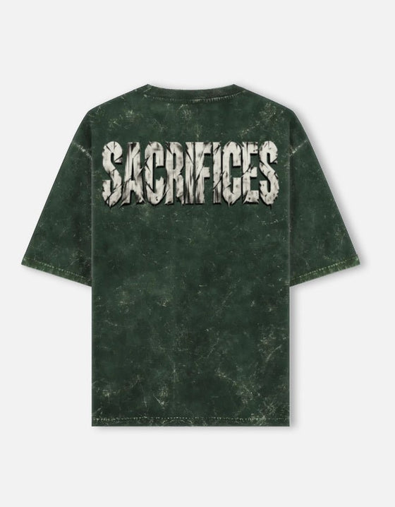 SACRIFICES oversized acid wash tee in Bottle Green — full back print, 240 GSM heavyweight cotton