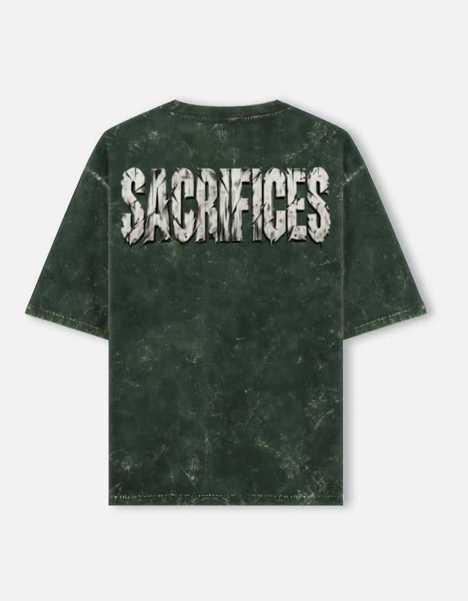 SACRIFICES oversized acid wash tee in Bottle Green — full back print, 240 GSM heavyweight cotton