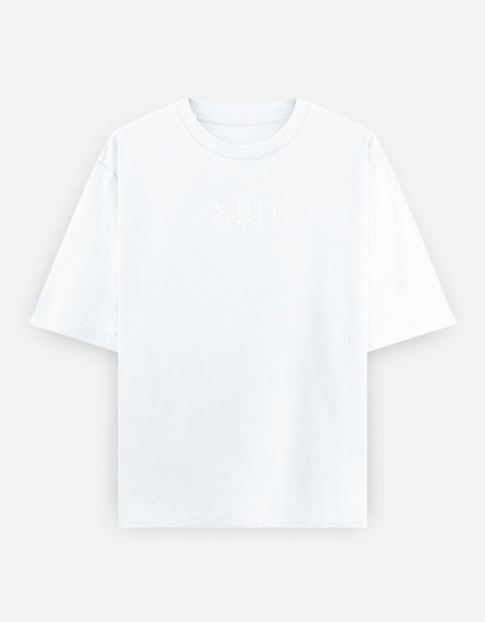 NBD Unisex Oversized Classic T-Shirt in white, front view with centre-chest NBD logo