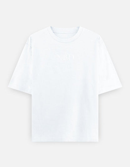 NBD Unisex Oversized Classic T-Shirt in white, front view with centre-chest NBD logo