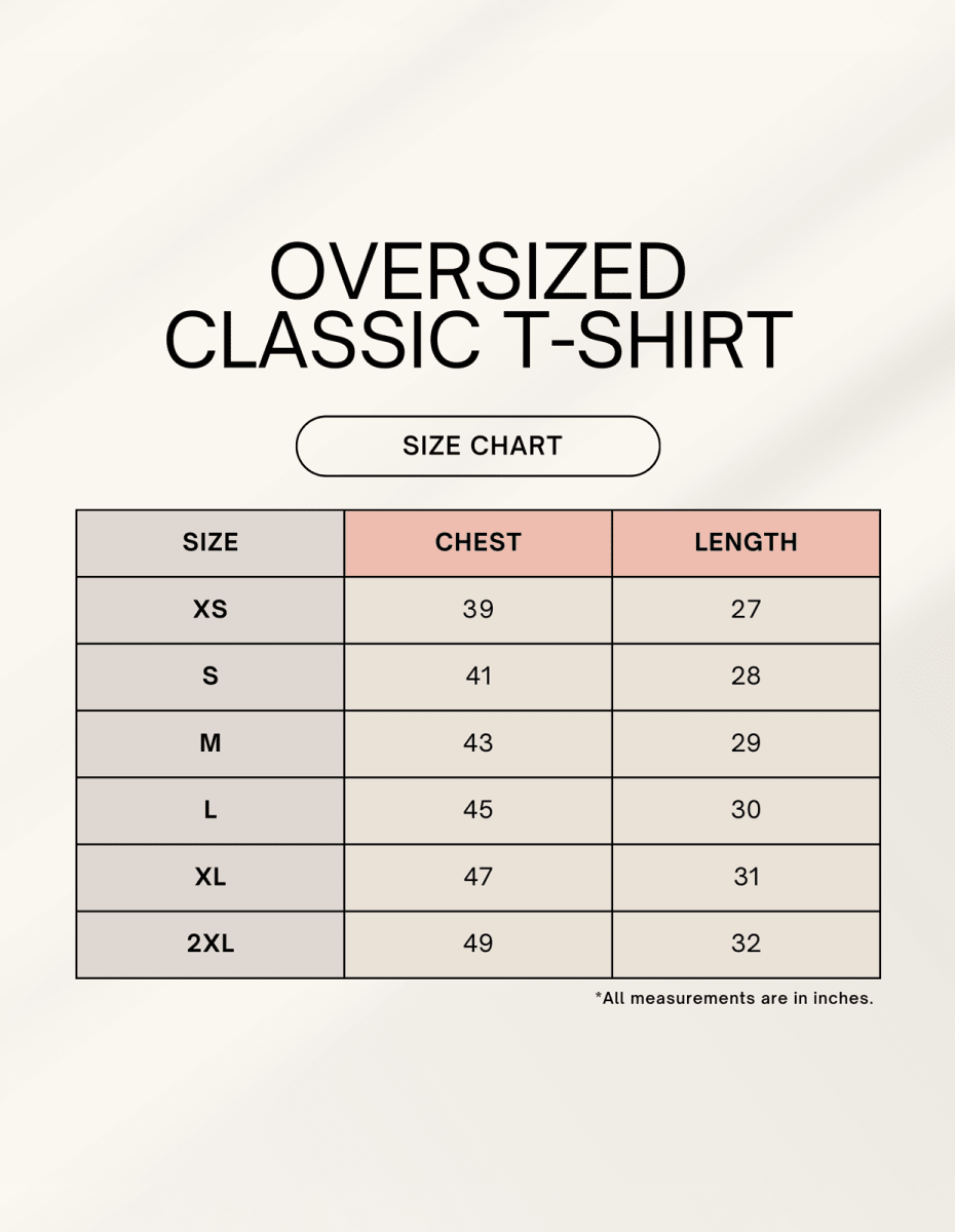 NBD Unisex Oversized Classic T-Shirt size chart, chest and length measurements in inches