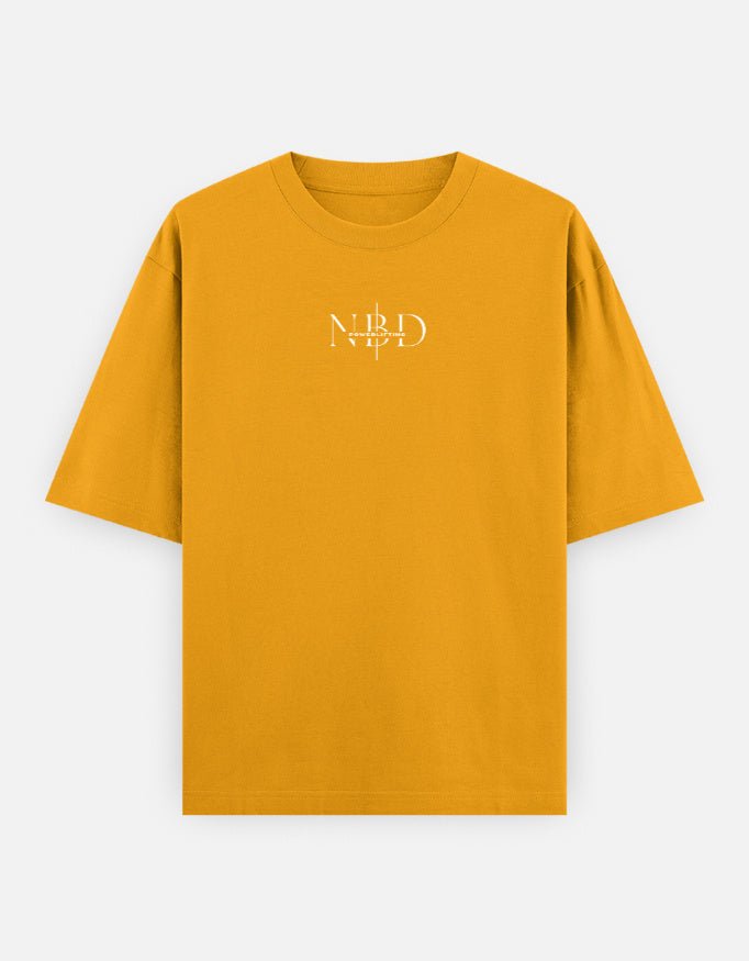 NBD Unisex Oversized Classic T-Shirt in mustard yellow, front view with centre-chest NBD logo